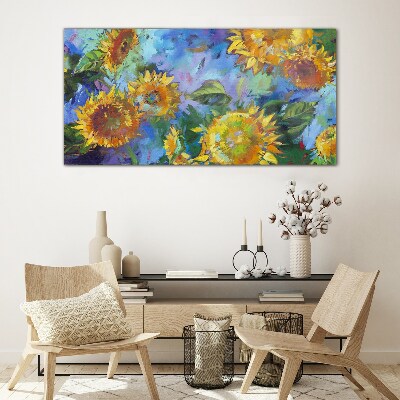 Schilderij op glas Zonnebloemen in een kleurrijke compositie