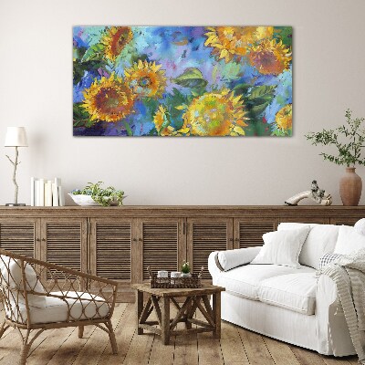 Schilderij op glas Zonnebloemen in een kleurrijke compositie