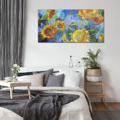 Schilderij op glas Zonnebloemen in een kleurrijke compositie
