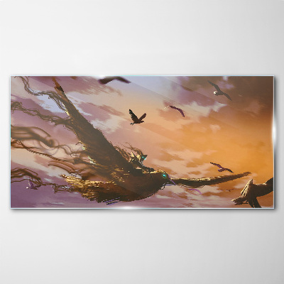 Glas foto Vlucht van vogels in de ondergaande zon