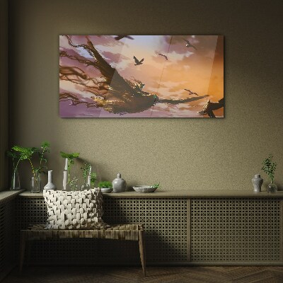 Glas foto Vlucht van vogels in de ondergaande zon