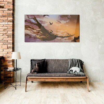 Glas foto Vlucht van vogels in de ondergaande zon