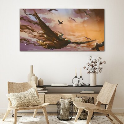 Glas foto Vlucht van vogels in de ondergaande zon