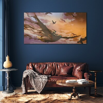 Glas foto Vlucht van vogels in de ondergaande zon