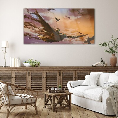 Glas foto Vlucht van vogels in de ondergaande zon