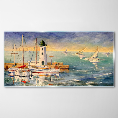 Schilderij op glas Zeegezicht met een vuurtoren