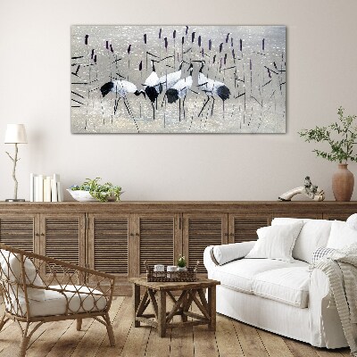 Glas foto Witte kraanvogels in het riet