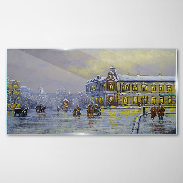 Foto op glas Een winteravond in de stad