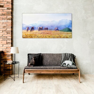 Schilderij op glas Een grote kudde paarden in de weide