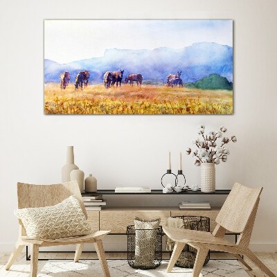 Schilderij op glas Een grote kudde paarden in de weide