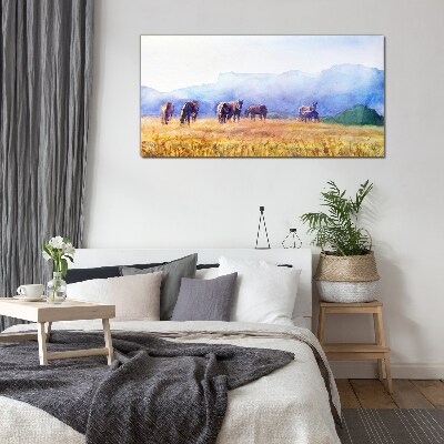 Schilderij op glas Een grote kudde paarden in de weide
