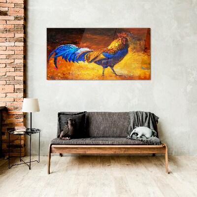 Glas foto Een kleurrijke haan tegen de achtergrond van vuur