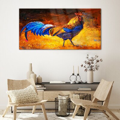 Glas foto Een kleurrijke haan tegen de achtergrond van vuur