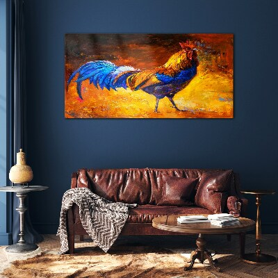 Glas foto Een kleurrijke haan tegen de achtergrond van vuur