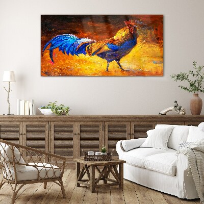 Glas foto Een kleurrijke haan tegen de achtergrond van vuur