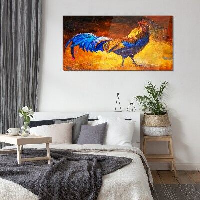 Glas foto Een kleurrijke haan tegen de achtergrond van vuur