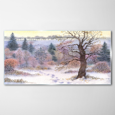 Schilderij op glas Winterlandschap met een eenzame boom