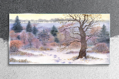 Schilderij op glas Winterlandschap met een eenzame boom
