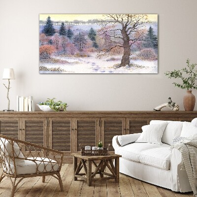 Schilderij op glas Winterlandschap met een eenzame boom