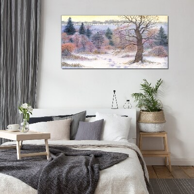 Schilderij op glas Winterlandschap met een eenzame boom
