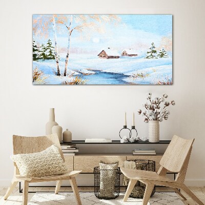 Foto op glas Winterlandschap met huizen in de sneeuw