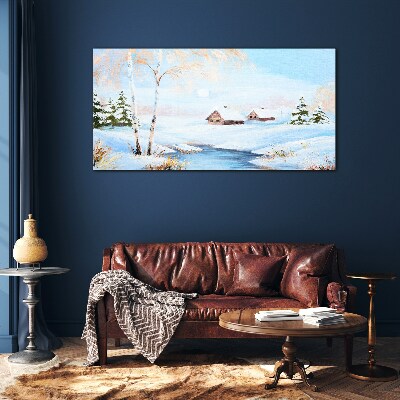 Foto op glas Winterlandschap met huizen in de sneeuw