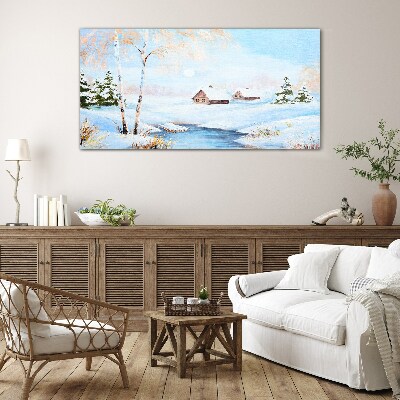 Foto op glas Winterlandschap met huizen in de sneeuw