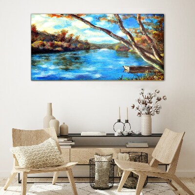 Schilderij op glas Een vredig landschap aan de rivier