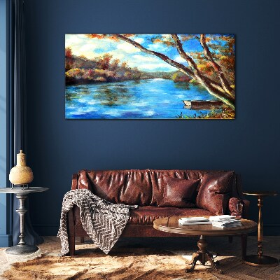 Schilderij op glas Een vredig landschap aan de rivier