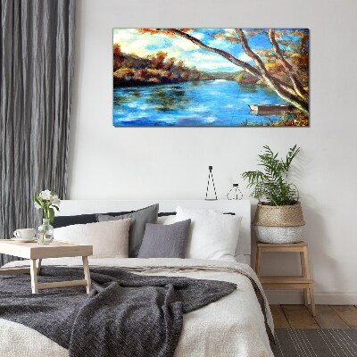 Schilderij op glas Een vredig landschap aan de rivier