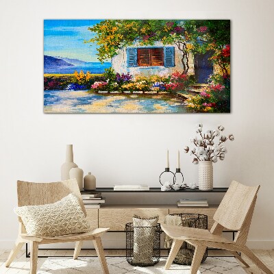 Schilderij op glas Zeegezicht met bloemen