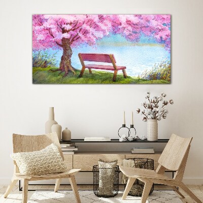 Foto op glas Lentevrede onder de bloeiende kersenboom