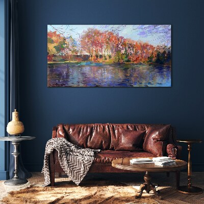 Foto op glas Herfstpanorama aan de rivier