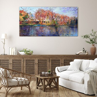 Foto op glas Herfstpanorama aan de rivier