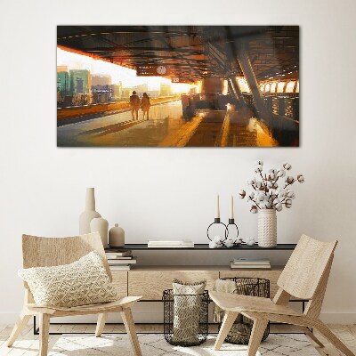 Foto op glas Gouden uren op het station