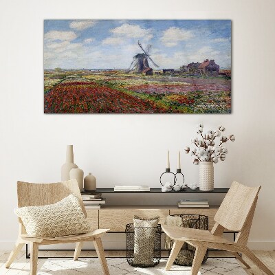 Foto op glas Landschap met een windmolen