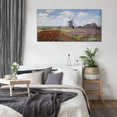 Foto op glas Landschap met een windmolen