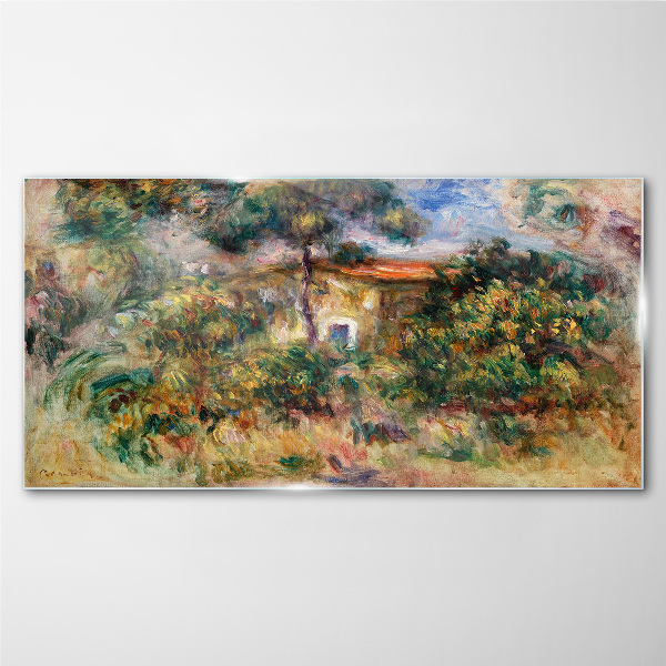 Foto op glas Groen landschap met een huis