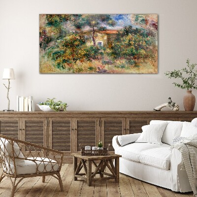 Foto op glas Groen landschap met een huis