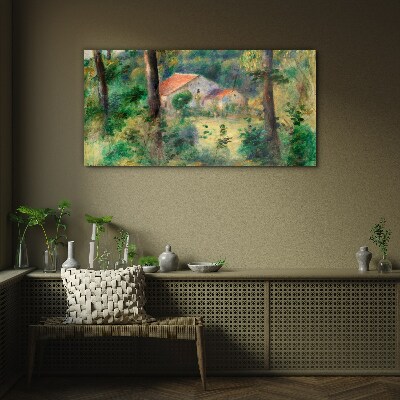 Foto op glas Groen landschap met huizen