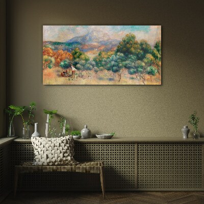 Foto op glas Landschap met bomen en een huisje