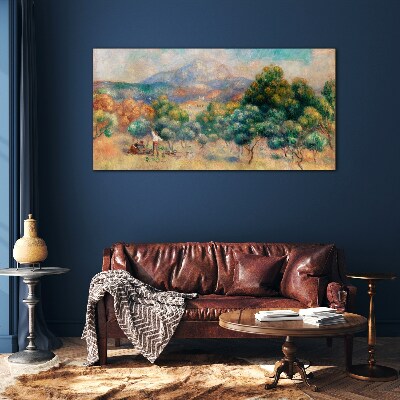 Foto op glas Landschap met bomen en een huisje