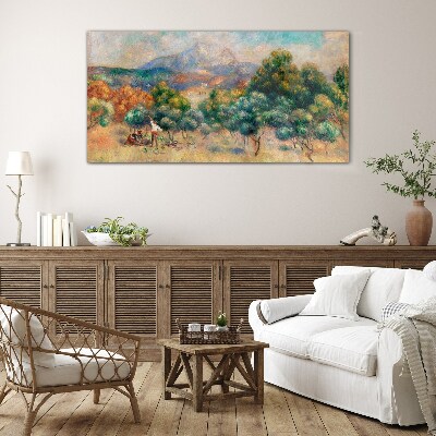 Foto op glas Landschap met bomen en een huisje