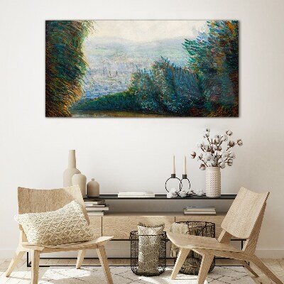 Schilderij op glas Groen landschap met mist