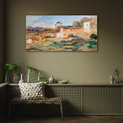 Glas foto Landschap met landelijke gebouwen