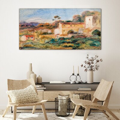 Glas foto Landschap met landelijke gebouwen