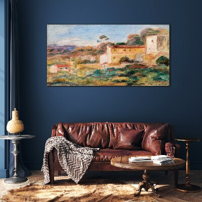 Glas foto Landschap met landelijke gebouwen