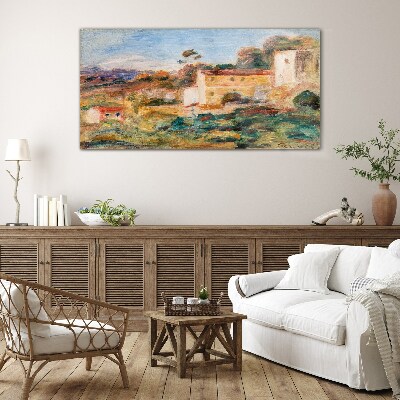 Glas foto Landschap met landelijke gebouwen