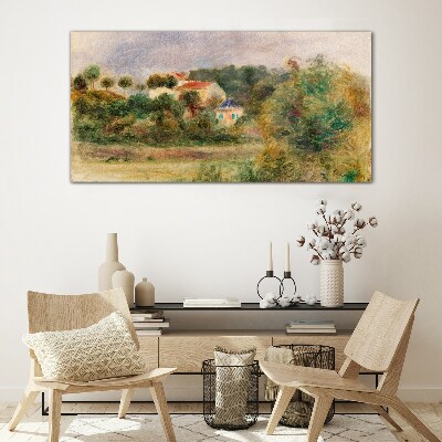 Glas foto Een idyllisch landschap met een huis