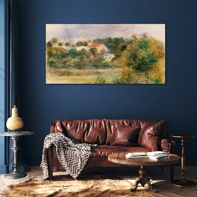 Glas foto Een idyllisch landschap met een huis